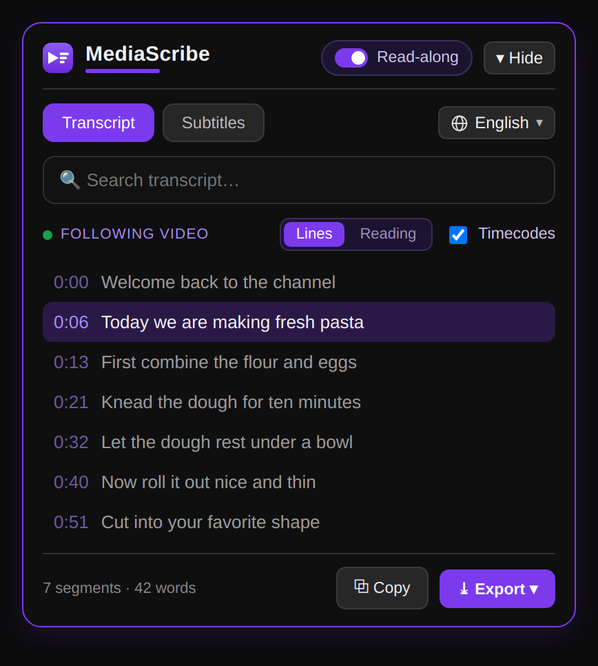The MediaScribe transcript panel turning a YouTube video into clean text with timestamps