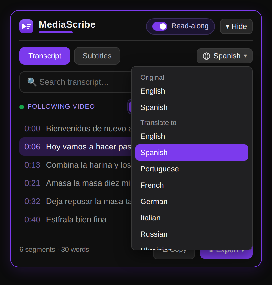 Translating the transcript into another language